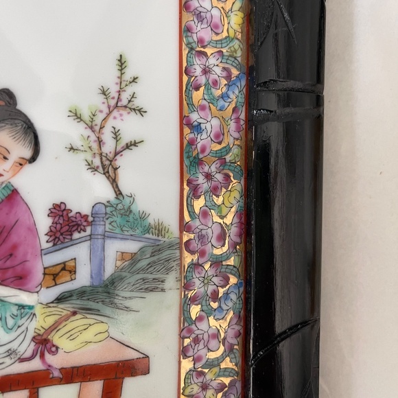 Framed Vintage Chinese Famille Rose Porcelain Plaque in Bamboo Style Frame - Picture 5 of 11